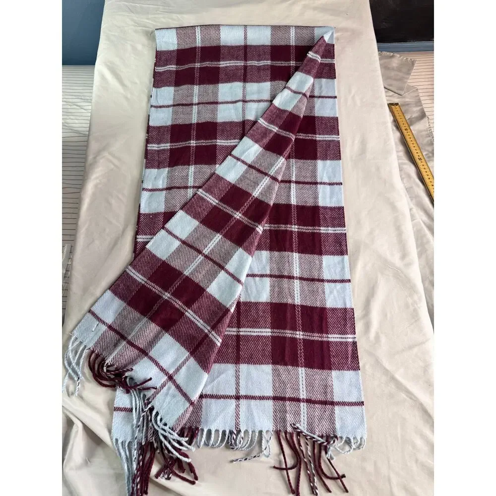 Lands’ End CashTouch Plaid Scarf Burgundy Light Blue Fringe Soft Winter Unisex